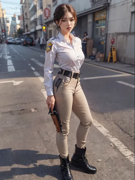 ((Top quality raw photos, reallistic, realphoto: 1.4, extremely detailed texture)), （European woman on the street, light brown shorthair), ((Police officer emblem on chest、Tight white pants,Tight-fitting pants without pockets、Blue uniform shirt with badge、...