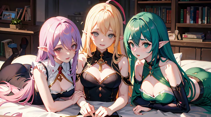 three costumed anime girls lying on a bed with a bookshelf, Goblins, Menina elfa, Krenz Cushart e Artgerm, Genshin, Wlop e RossDraw, Wlop Ross, Rossdraw e Jazz, Cavaleiro elfo sedutor da princesa, garotas de anime, Artgerm e Atey Ghailan, Wlop e Krenz Cush...