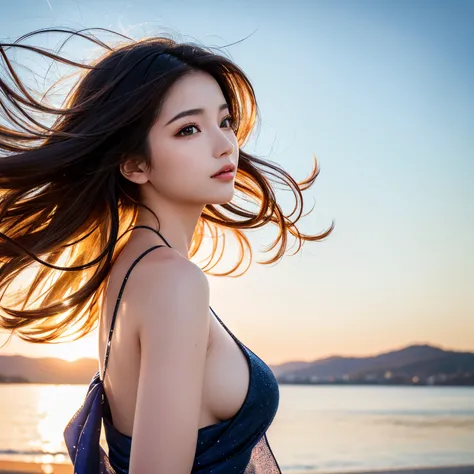 super high quality, 8k, RAW photo, realistic, beautiful womans beautiful back, sparkling hair blowing in the wind, large breasts visible from the side, sharp eyes, and an artistic and fantastical beautiful background, professional flare lighting