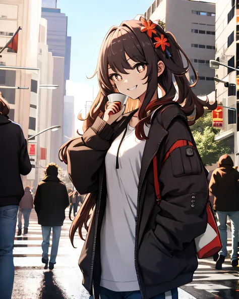 the street，one-girl，Smile，flower shaped pupils，Casual outfit, standing，A cup，The left hand holds the shoulder and the right hand is straight down，Surrounded by a lot of people