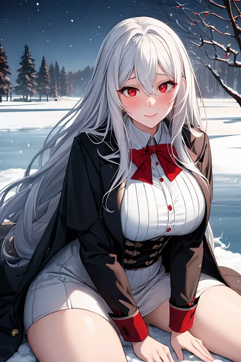 (sexy-style:1.2), romance manhwa, (masterpiece, best quality, ultra detailed:1.4), realistic, 1girl,  white_hair, blush, long_hair, looking_at_viewer, smile, swept_bangs, very_long_hair, (red_eyes:1.2), glowing skin, from_below, high contrast,  hair betwee...