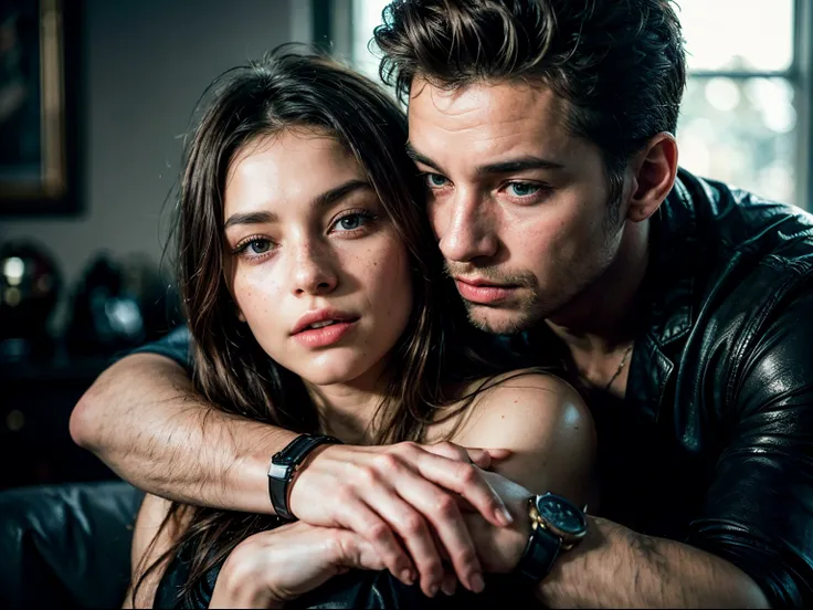 (1man, 1woman), the mans hands holds her hips, she has cozy intimate loungewear on, hes behind the beautiful woman, (30yo) portrait,((high contrast)), close proximity, (deep, darkest shadows), (35mm film), high contrast,((taken using Leica camera, aperture...