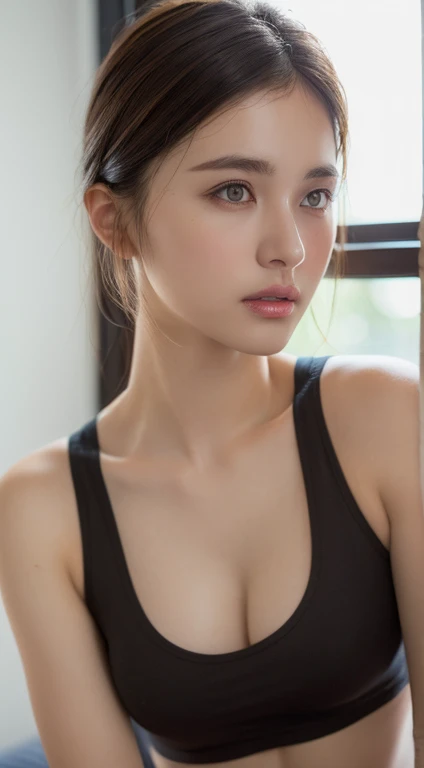 ((Realistic lighting, Best quality, 8K, Masterpiece: 1.3)), Clear focus: 1.2, 1girl, Perfect Figure: 1.4, Slim Abs: 1.1, ((Dark brown hair)), (tank top, very low cut: 1.3), (Indoors, bedroom: 1.1), bedroom environment, playing with hair, Super fine face, F...