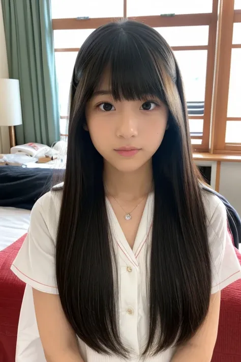 An ultra-high picture quality、Perfect Photo、13-year-old beautiful girl、Japan beautiful girl、Junior high school girls、light skinned、slender、Black Haired Beautiful Girl、cute little、Beautuful Women、（tiny chest）、((Nokezoru))、With bangs、sports hair、Straight hai...