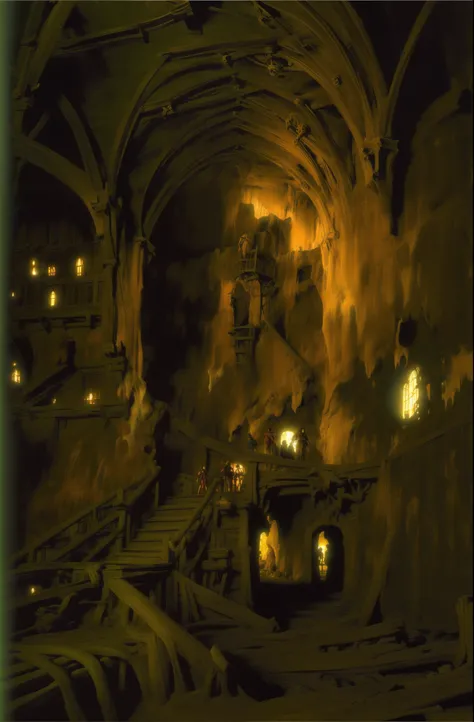 there are people walking in a cave with a waterfall, marc simonetti. intricate, medieval fantasy landscape, andreas rocha and john howe, gothic epic library concept, matte painting in fantasy style, high fantasy matte painting, concept art stunning atmosph...