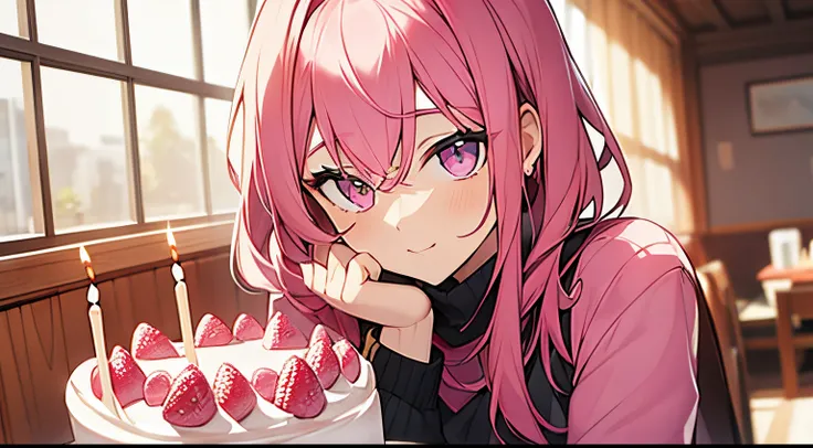 woman, pink hair, pink eyes, cute face, birthday cake, full body