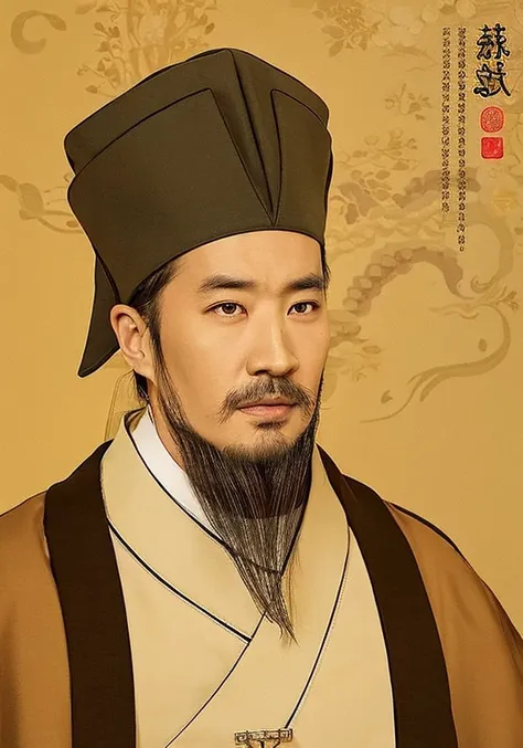 arafed portrait of a man with a beard and a hat，inspired by takedoko，by xuande emperor，zhang daqian，feng shu，xianxia，inspired by...