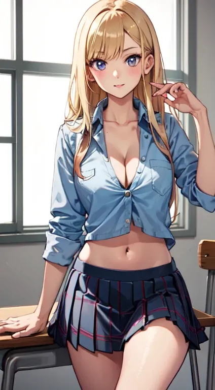 masterpiece ,best quality,ultra-detailed,high resolution,beautiful detailed eyes,long hair, cleavage, navel, slim legs, blonde hair, skirt, Kitagawa marin, school uniform, class