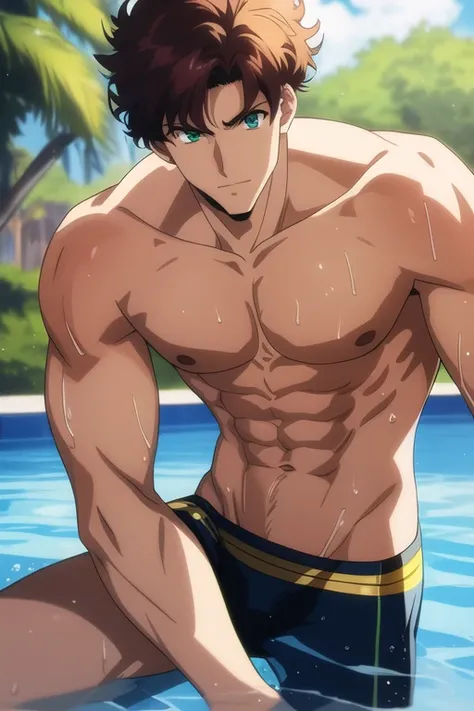 Microsoft, 80s tv anime image, handsome muscular shirtless swimmer guy, perfect body, full body, dark emerald and gold, ((best quality)), ((masterpiece)), (detailed), perfect face