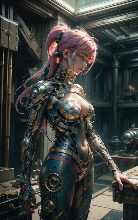 8k portrait of beautiful (cyborg) with pink hair, (Dua Lipa) , mecha musume scifi body suit, pauldrons, intricate, elegant, highly detailed, majestic, digital photography, art by artgerm and ruan jia and greg rutkowski surreal painting reflective, hairpin ...