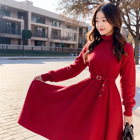 Girl Cute Single Date Dress Red Winter Mature Casual Ribbon B Cup Slender