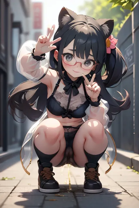 (On a table, Best quality),1 girl in, Shoulder-length black hair, Eyes are brown,Black glasses，Bloom is a little embarrassed、Looks pleased，it feels good、A sense of openness、looks like you&#39;floor plan about ，tearful，Eyes are brown,Cute big breasts，the st...