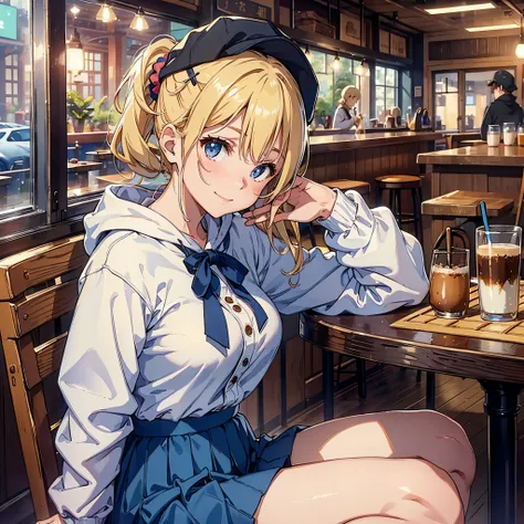 ((Best Quality, 8K, Masterpiece:1.3)), Focus: 1.2, Perfect Body Beauty: 1.4, BREAK 1girl, solo, blonde hair, little smile, blue eyes, Side ponytail, hair scrunchie, hair ornament, blue scrunchie, Swept bangs, big breasts, BREAK Front-button chino long skir...