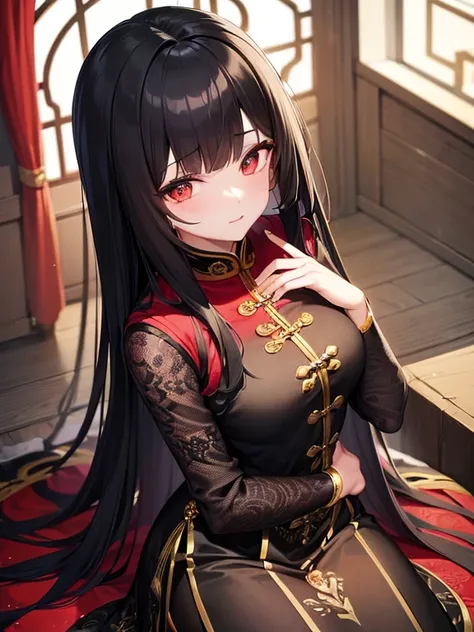 (tmasterpiece, Best quality at best: 1.2), ultra - detailed, highest details，Long black hair，Intellectual girl，Red cheongsam，Gold decoration，shy posture，Black colored eyes，