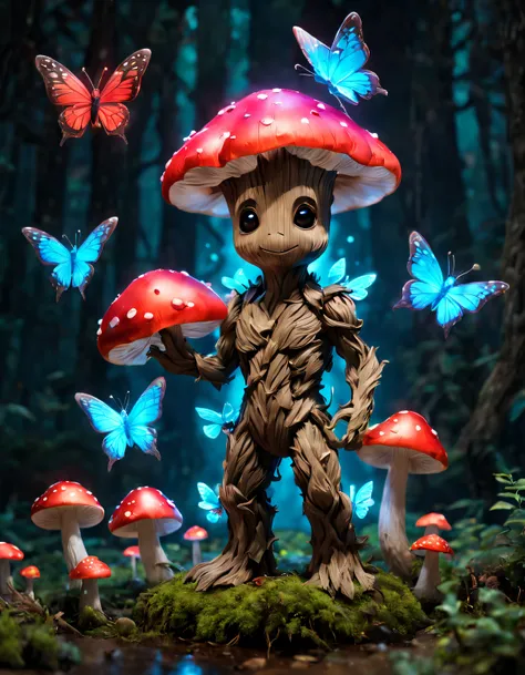 Mini Groot with charming colorful light mushrooms and butterflies,glowing red glowing blue,Mushroom rendering and Pixar