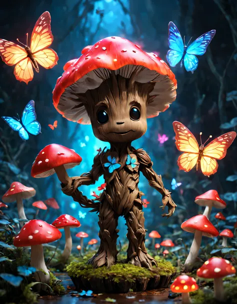 Mini Groot with charming colorful light mushrooms and butterflies,glowing red glowing blue,Mushroom rendering and Pixar