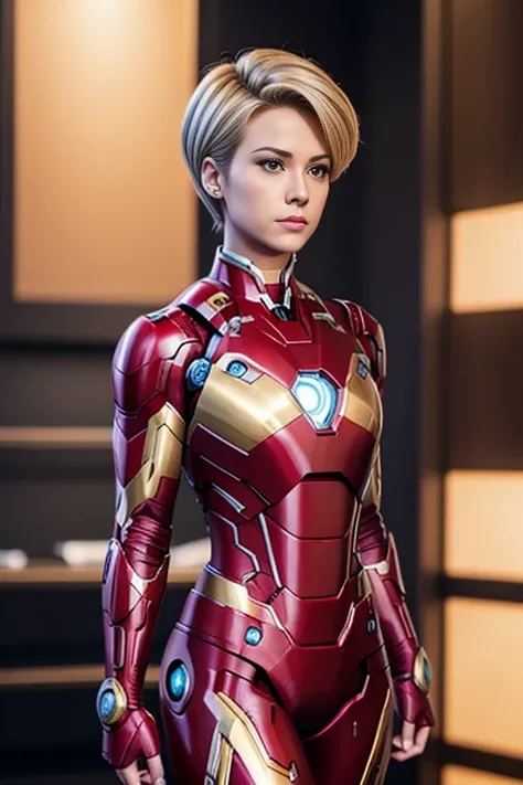 4k highly detailed realistic female ironman from Marvel comics, blonde short undercut bob hairstyle, ((sharp Jawline)), (full body Including Legs), Seduction and fantastic poses