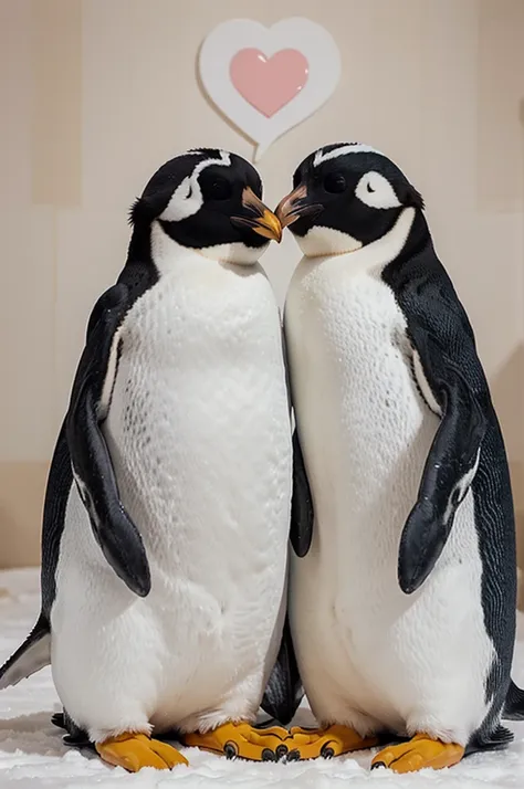 two cute cartoon penguins sweetly snuggle together kissing