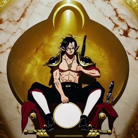 Draw a Tolkien elf with dark hair and wearing plate armor sitting on a marble throne.......... The aesthetics of the character must be One Piece style........