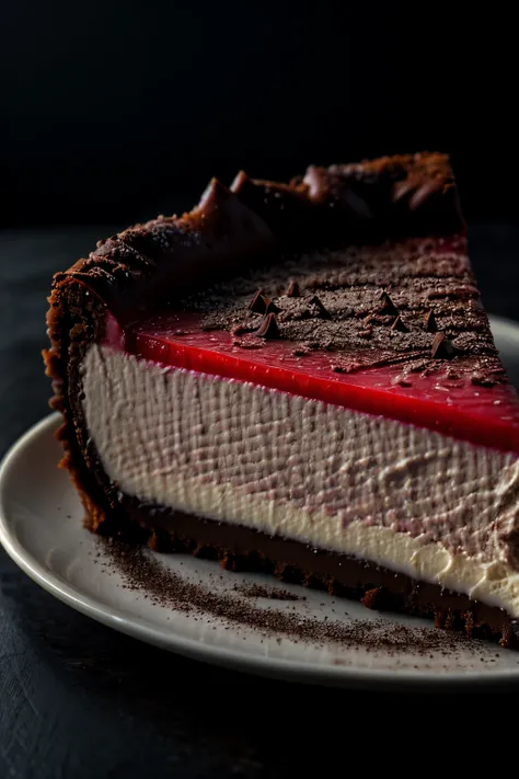 Photorealistic Appetizing slice of cherry cheesecake with chocolate, delicious, fragrant, close-up, highly detailed, intricate detail, raw photo, lifelike rendering, immersive atmosphere, chiaroscuro, moody lighting,