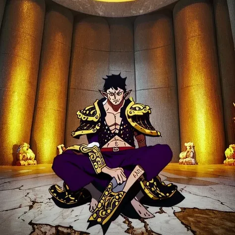 Draw a Tolkien elf with dark hair and plate armor sitting on a marble throne........... The aesthetics of the character must be One Piece style.........