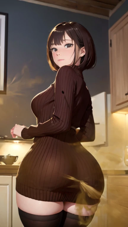 ((velocity)),Attacked by farts, (((Women farting))),(girl farting while stand)),frowned,blushing,velocity,(a female Housewife), (wearing a ribbed sweater dress),(thighhighs),(stand facing the screen),(her buttt facing the screen) (short hair brown hair),(A...