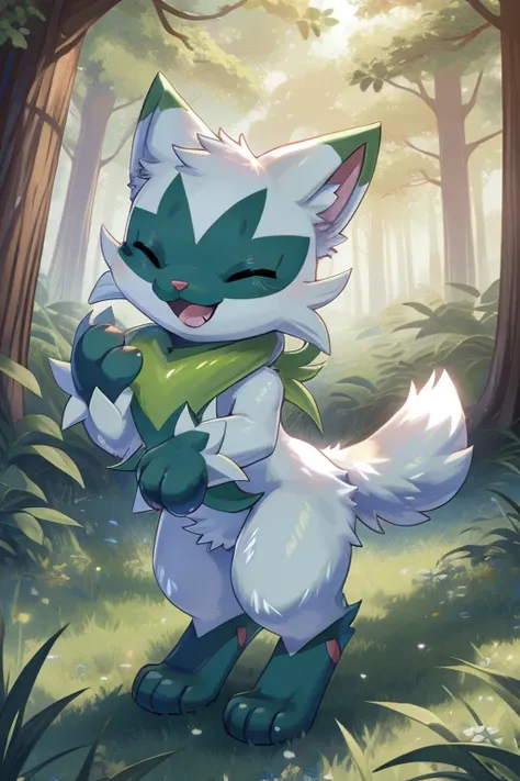 Floragato, furry pokemon, cat, feet, stopped position, only, (Body fur:1.2), (Best quality), (Detailed fluffy fur:1.1), closed eyes, Animal hands, tail, eyes closed, smiling, background of forests, shiny, laughing, female, solo