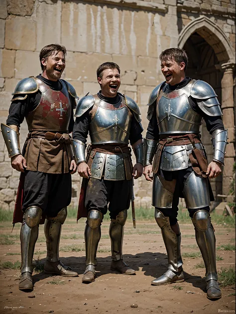 Three Medieval Roman male soldiers wearing battle blood smeared armor, laughing on a joke, background: medieval battle field ((realistic)) ((painting))