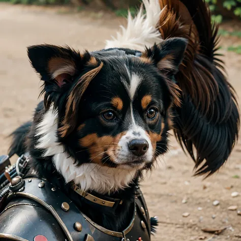 Papillon dog in samurai armor