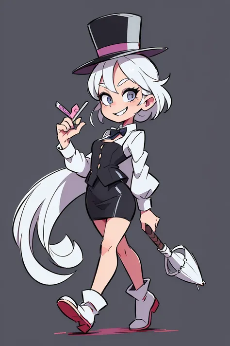 (female monopoly mascot) beauty, white hair, smiling, tiny cartoon of a business woman (mature, adult) in a top hat and suit, tight skirt, walking_stick, monopoly, capitalist, rich, full body, (pencil_sketch) (black and white palette) monochrome, solo