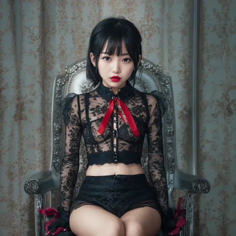 a slender 11-year-old japanese girl with bright red lips is sitting, seduce you with an enamel bondage suit, condescending from ...