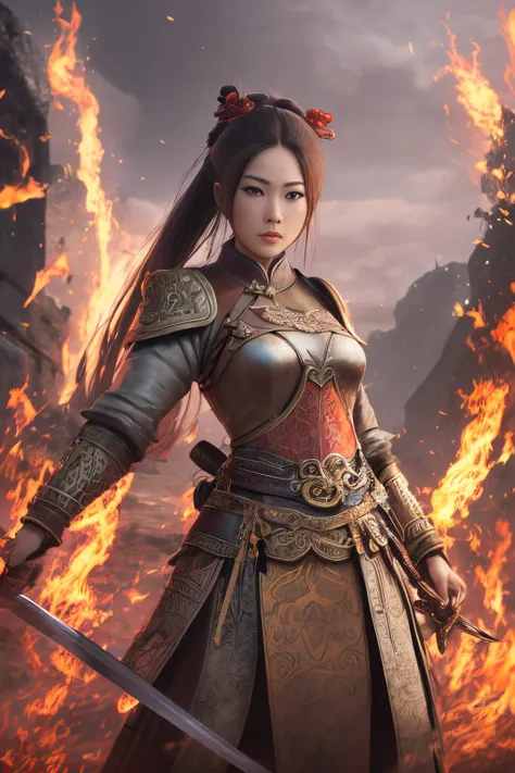 A ancient beautiful female Chinese warrior holding a sword blazing with flame, HD Octane render, Wallpaper, Peaceful --auto --s2