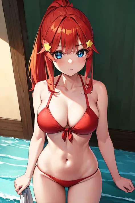 pov (from above), 1girl, alone, itsuki nakano, ponytail, bangs, blue eyes, hair between eyes, ahoge, red hair, star (symbol), hair ornament, star hair ornament, navel, clavicle, swimsuit, red bikini, red side tie panties, red halter neck, red bikini, indoo...