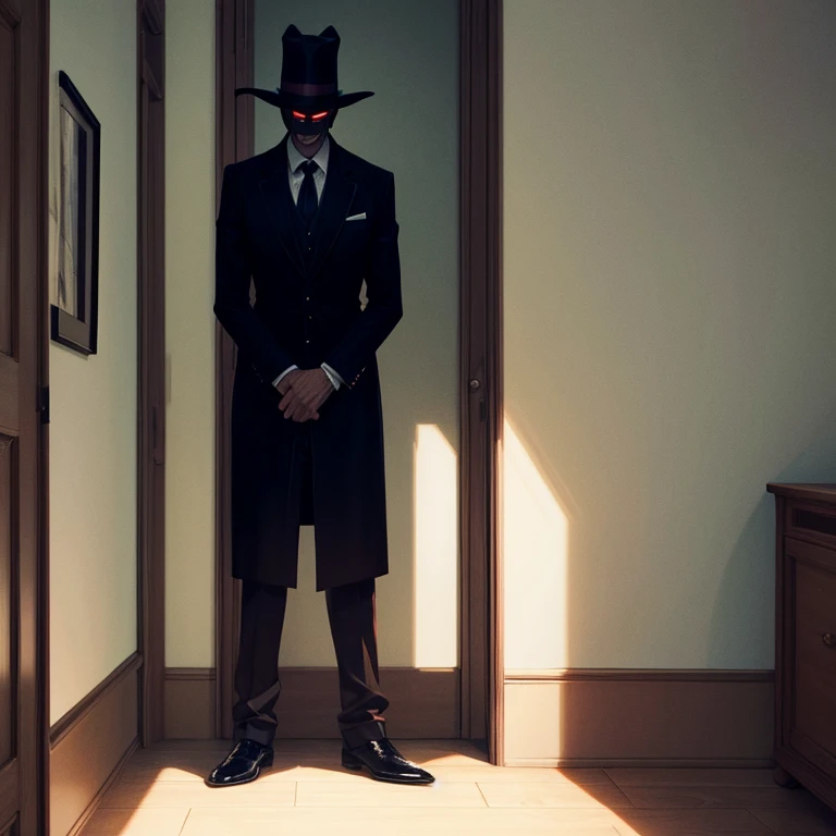 Shadowy man in hat, tall, demonic, sleep demon, hatman, hallucination, standing in bedroom, late at night, dark shadows, grinning,  masterpiece, best quality, detailed background,