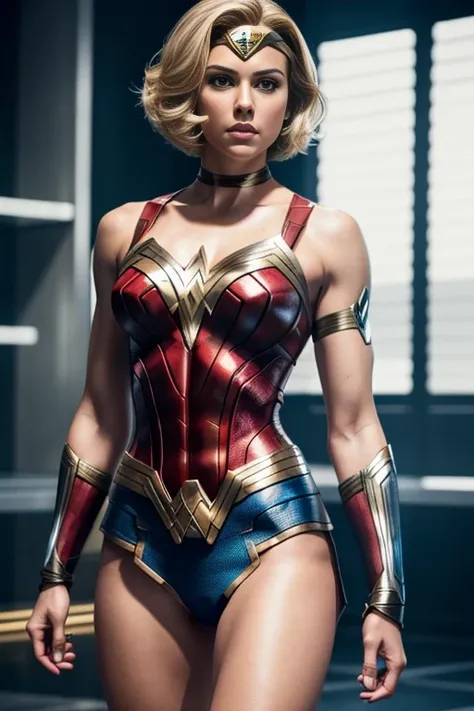 4k highly detailed realistic wonder woman from Marvel comics, blonde short undercut bob hairstyle, ((sharp Jawline)), (full body Including Legs), Seduction and fantastic poses