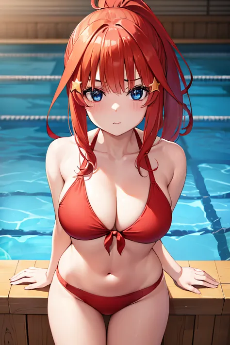 pov (from above), 1girl, alone, itsuki nakano, ponytail, bangs, blue eyes, hair between eyes, ahoge, red hair, star (symbol), hair ornament, star hair ornament, navel, clavicle, swimsuit, red bikini, red side tie panties, red halter neck, red bikini, indoo...