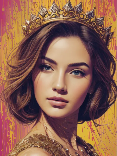 ((best quality)), ((masterpiece)), ((detailed))), beautiful, FISideRightFace, perfect face, abstract beauty, Create a digital art work in pop art style, luxury elegance bold with hint of feminine, happy & youthful, authentic, brave, princess wearing crown,...