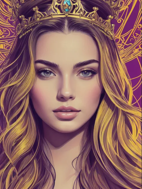 ((best quality)), ((masterpiece)), (detailed), beautiful, FISideRight, perfect face, abstract beauty, Create a digital art work in pop art style, luxury elegance bold with hint of feminine, happy & youthful, authentic, brave, princess wearing crown, (purpl...