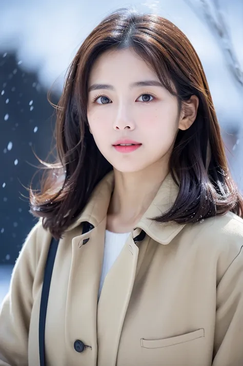 (1 cute Korean star) Shoulder-length hair, Thin makeup, Medium chest size, Wearing a coat, In the snow, Clear facial features, 8K high resolution, Sharp, realistic detail.From the outside, Eye-level shots, f/4.0, 135mm, Fujifilm, jpeg artifacts, dithering,...