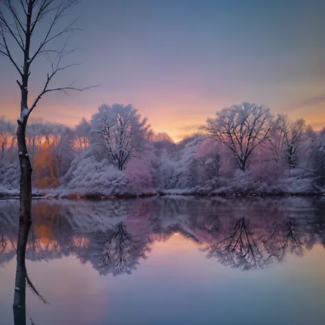 The breathtaking scene showcases the serene beauty of a winter landscape at dusk. The vibrant hues of the setting sun paint the sky with a mesmerizing palette of purples, pinks, and oranges, illuminating the tranquil lake nestled amidst the snow-covered tr...