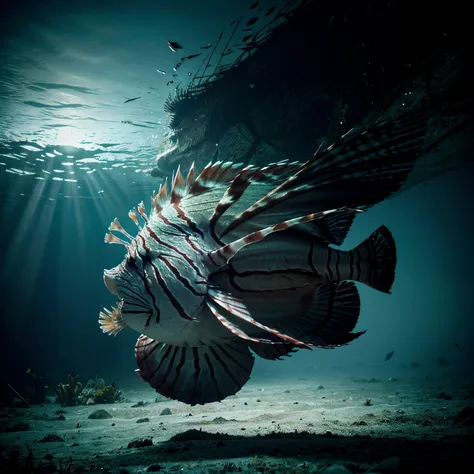 A realistic picture of a huge lion fish underwater in a horror movie poster style.