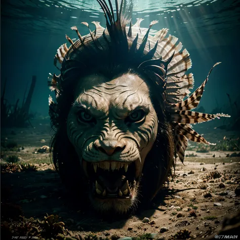 A realistic picture of a huge lion fish underwater in a horror movie poster style.