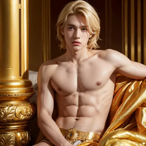 A boy with，combed blonde hair，with fair skin，gold eyes，Ancient Greek mythology，The deities，GODKING，sankta，young 17 years old，ingenious，big breasts beautiful，Handsome，chaste，largeeyes，chaste，Decorate wealth