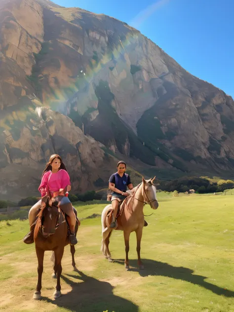 En la foto hay una mujer con polera rosada y short jean, He has long hair and is on top of a brown horse with a white spot on his forehead..., luego hay un hombre con cabello corto con lentes, black polo shirt and shorts and is on top of a white horse with...