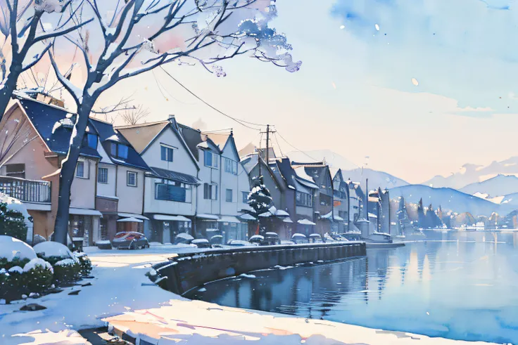 ((masutepiece)), (Professional Photography:1.2), (High Definition:1.3), Best Quality, (Watercolor painting:1.3), From Side, Wide Shot, Residential area, townscape, (Simple white background:1.10), Fine splashes of pale blue ink, landscape、Snow makeup、coastl...