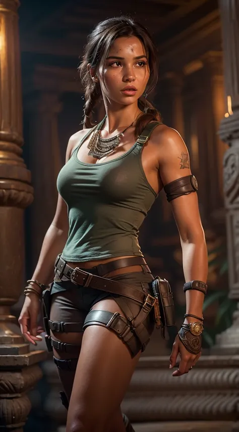 8K ultra-realistic, highly detailed artwork depicting a stunningly beautiful and alluring young Lara Croft in her signature attire, exuding a sexy appeal within a Maya artifact scene. Ensure intricate skin details, HDR lighting, and ray tracing effects, st...