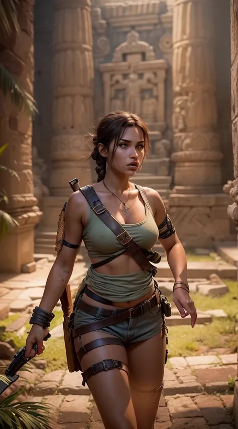 8K ultra-realistic, highly detailed artwork depicting a stunningly beautiful and alluring young Lara Croft in her signature attire, exuding a sexy appeal within a Maya artifact scene. Ensure intricate skin details, HDR lighting, and ray tracing effects, st...