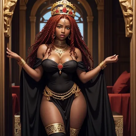 a goddess with curly red hair, ebony skin tone, young black goddess, with large breasts and large thighs and a black dress, goddess of Greek mythology, with a crown, sensual goddess, red hair