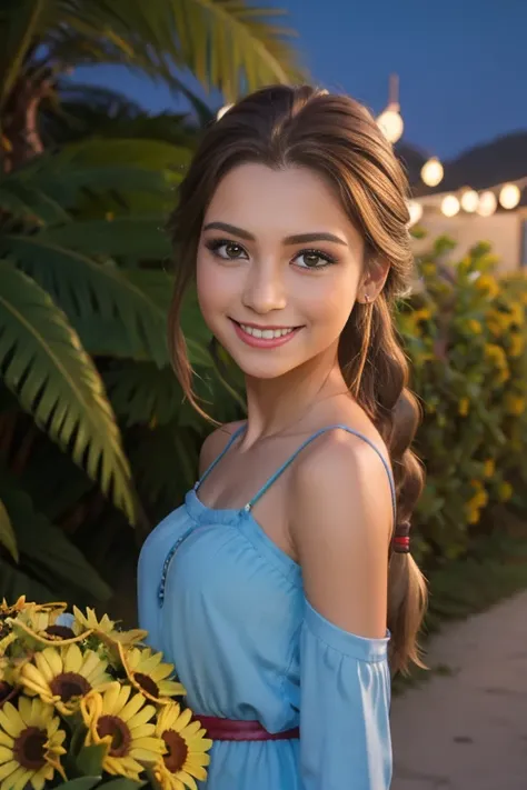 (realista: 1.4), mejor calidad, ultra-high-resolution, 4k ,  Detalles intrincados , Altamente detallado, A 16-year-old girl , very light brown hair with braid , Cabello largo , todo muy detallado , Sonriente  , alto contraste  ,  Background flowers falling...