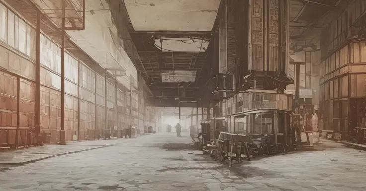 old factory interior, large windows, skylights, lots of humans, crowds, blue sky, white clouds, scenery, cable, industrial pipe,...